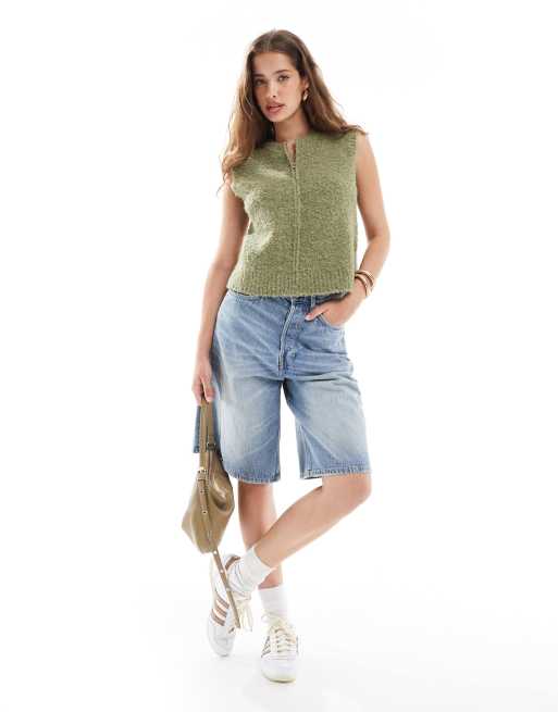 Daisy Street - Canotta girocollo verde oliva bouclé con zip, 2 di 4