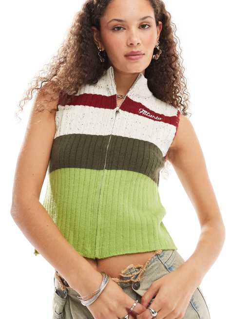 Daisy Street - Canotta in maglia a righe vintage con zip e collo a imbuto