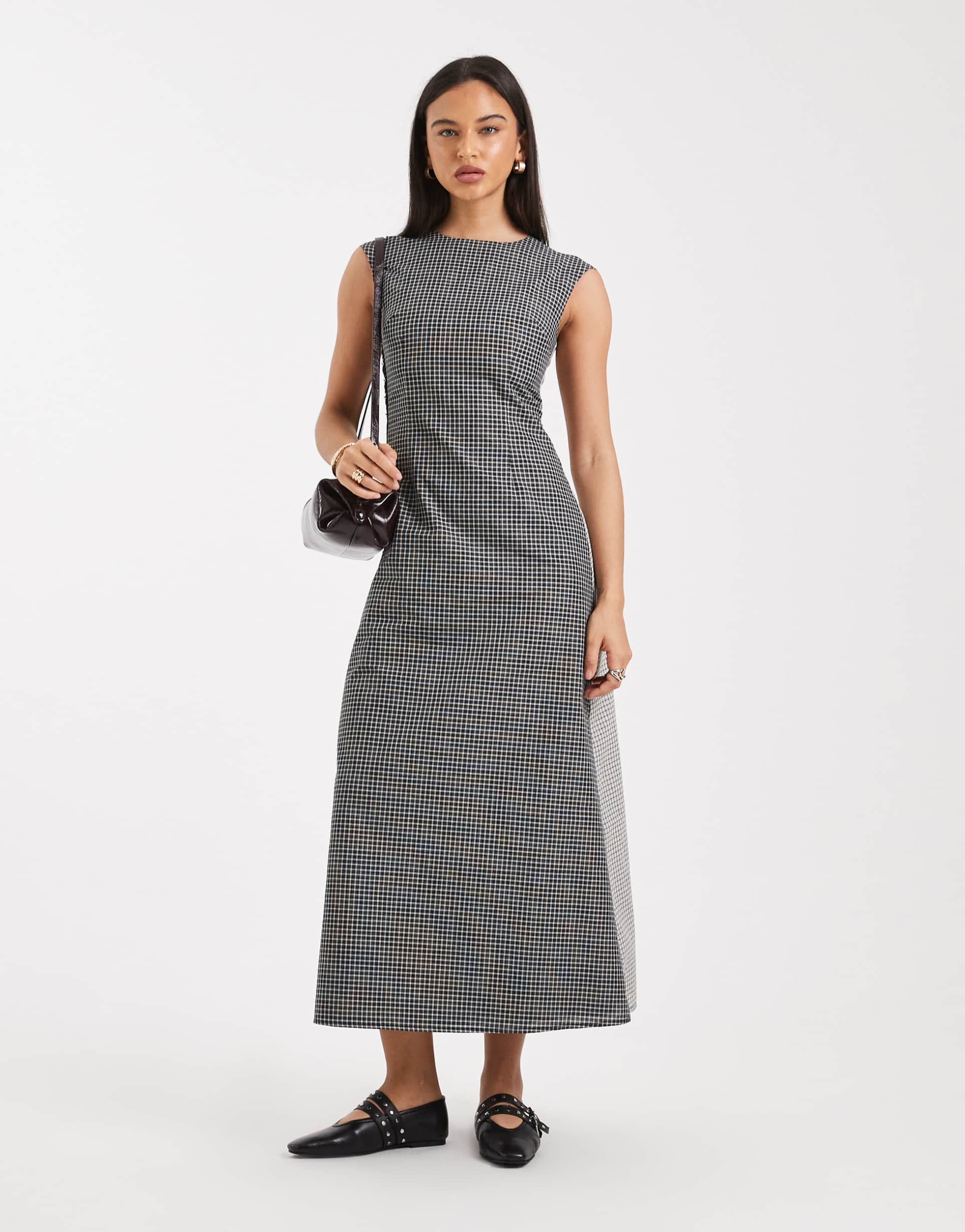 daisy street cap sleeve maxi dress with hook and eye detailing in contrast mixed plaids