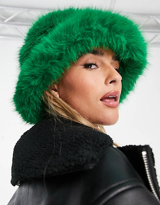 Daisy Street - Cappello da pescatore oversize verde in pelliccia sintetica