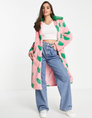Cappotto in ecopelliccia lungo con stampa a cuori a contrasto-Rosa - Daisy Street  donna Rosa