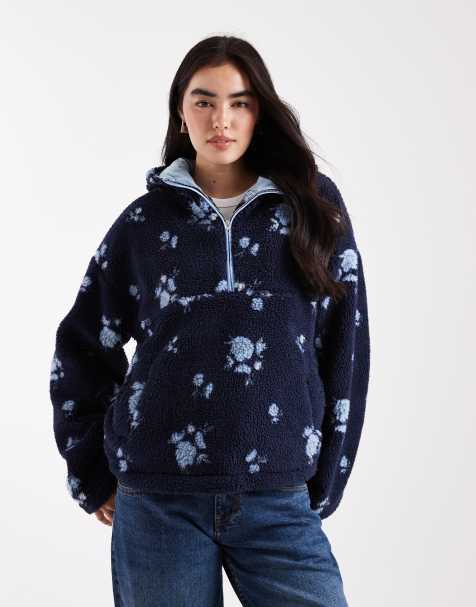 Daisy Street - Cappotto in pile borg color blu navy con stampa a fiori e zip corta - view 1