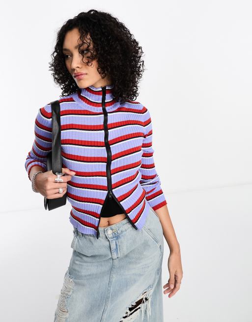Daisy Street - Cardigan anni '90 a coste con zip e righe doppie