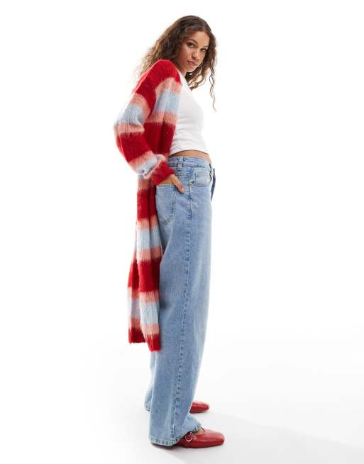 Daisy Street - Cardigan lungo in maglia spazzolata spessa a righe multicolore