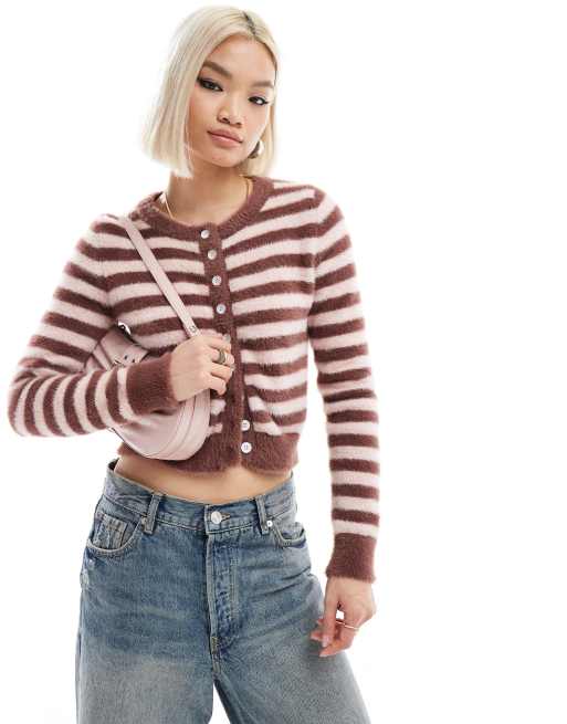Daisy Street - Cardigan micro in maglia marrone e rosa a righe con bottoni