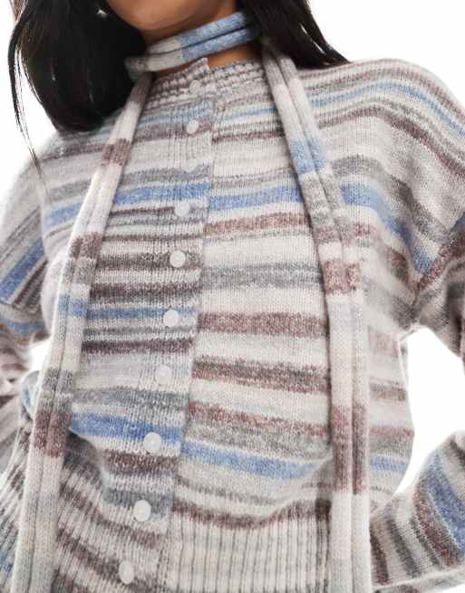 Daisy Street - Cardigan multicolore a righe mélange con bottoni e sciarpa, 3 di 4