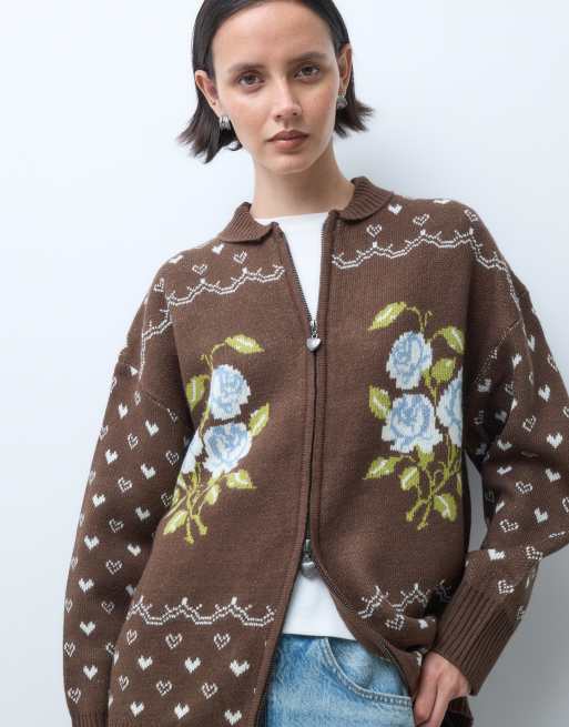 Daisy Street cardigan oversize zippé à rosettes marron, 4 de 5