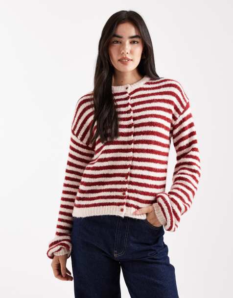 Daisy Street - Cardigan squadrato rosso e bianco sporco a righe - view 1