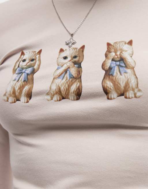 Daisy Street cat graphic long sleeve t-shirt in light pink, 2 of 4