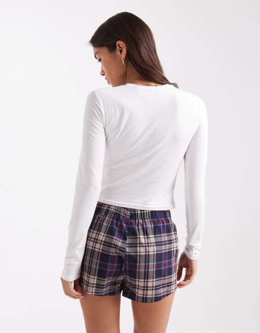 Daisy Street cat naps graphic pajama set with blue plaid shorts