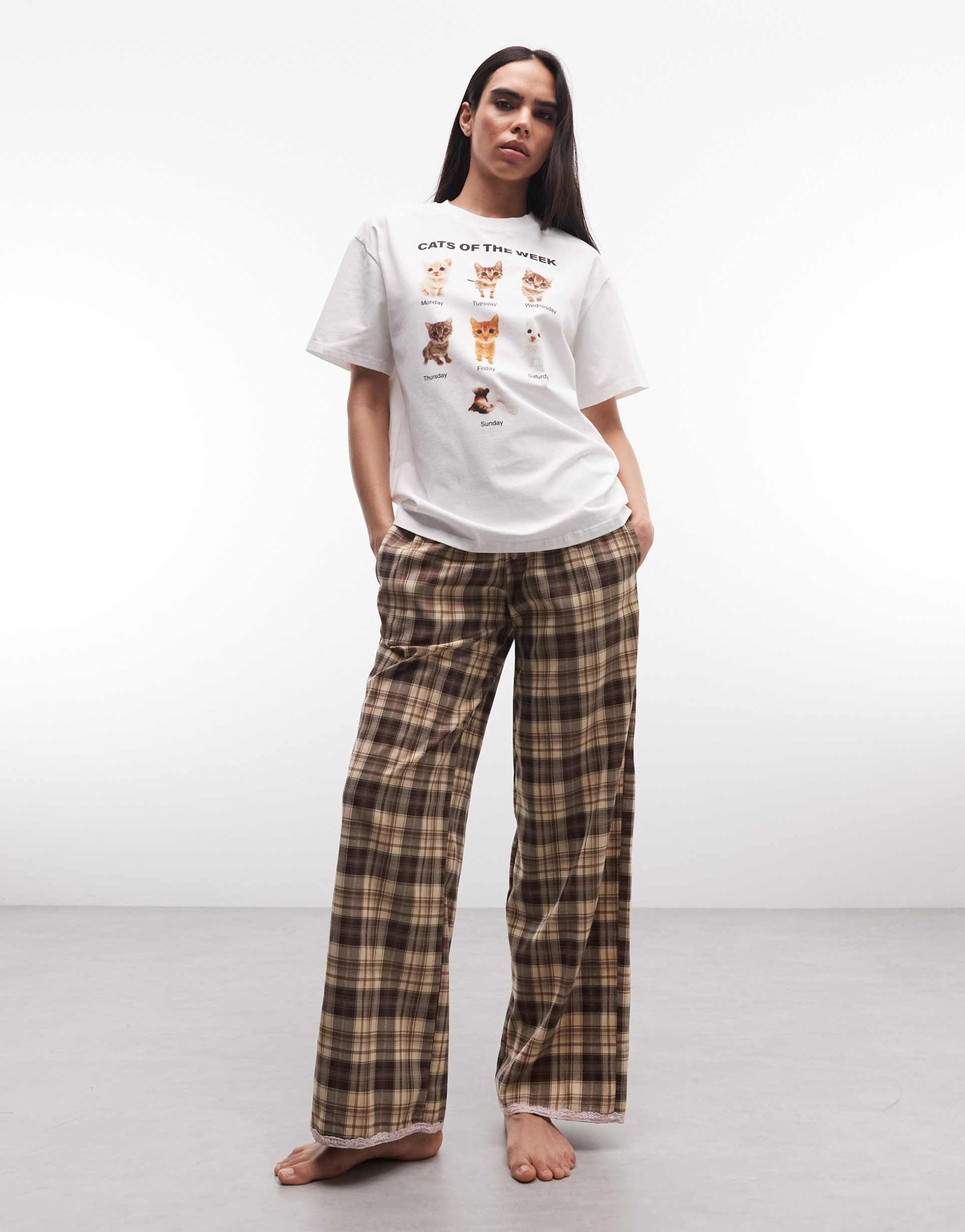 daisy street cats of the week pajama top and pants in multi plaid