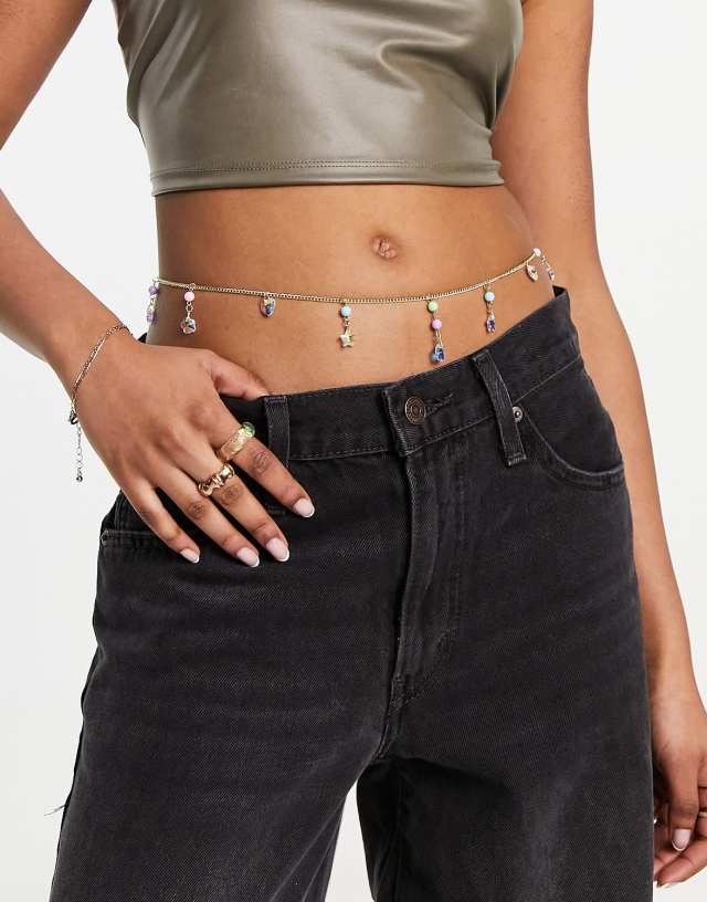 Daisy Street charm beaded belly chain in gold