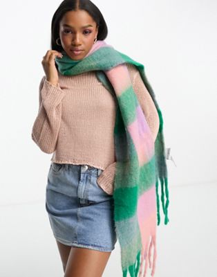 Daisy Street check blanket scarf in green and purple check