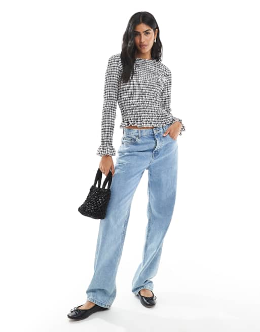 Daisy Street check long sleeve shirred top in black and cream, 2 of 4