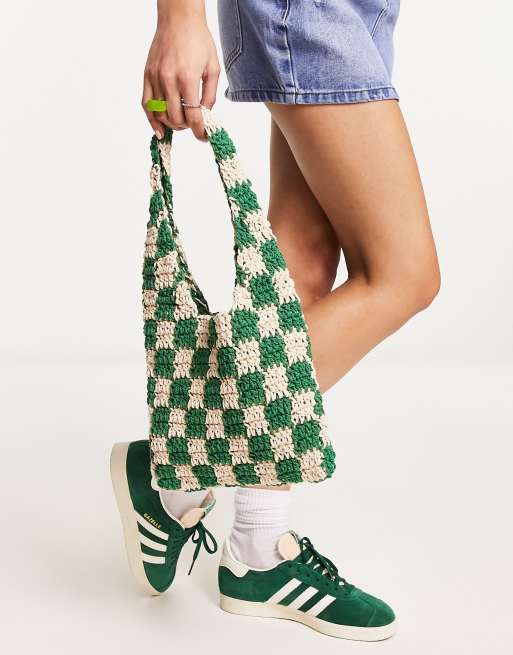 Checkerboard Bag Green Handmade Checkered Bag Crochet Tote 