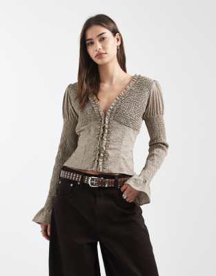 Street - Chemise ajustée à manches longues et volants - Rayures neutres-Multicolore 36