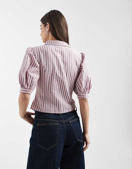 Daisy Street - Chemise ajustée rayée à manches bouffantes et détails corset - Rose, 4 de 4