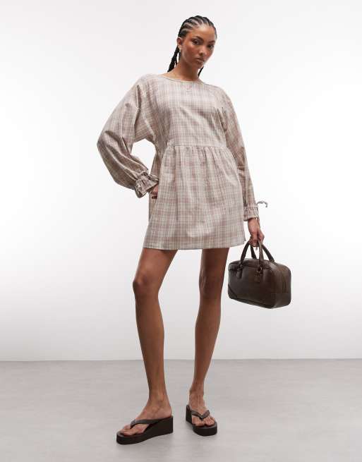 Daisy Street chuck on smock long sleeve mini dress in blue brown