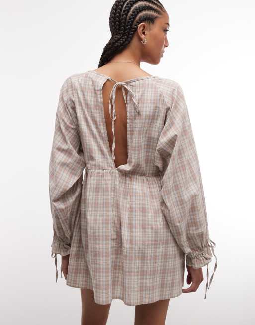 Daisy Street chuck on smock long sleeve mini dress in blue brown check, 2 of 4