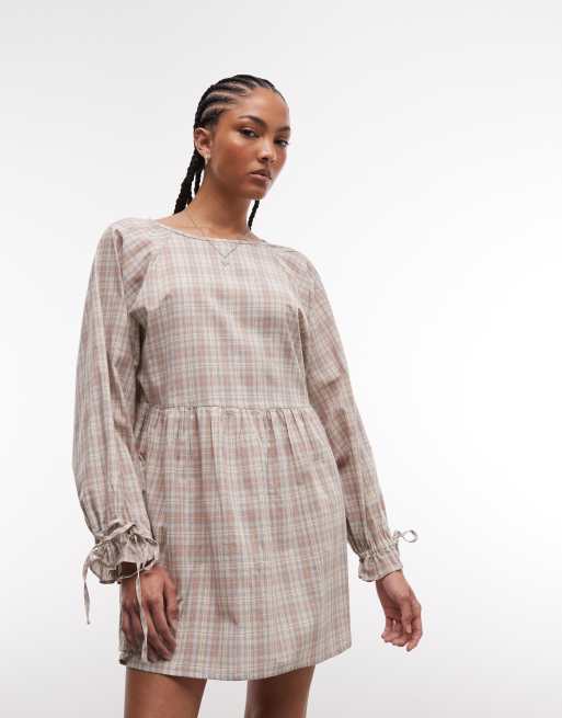 Daisy Street chuck on smock long sleeve mini dress in blue brown
