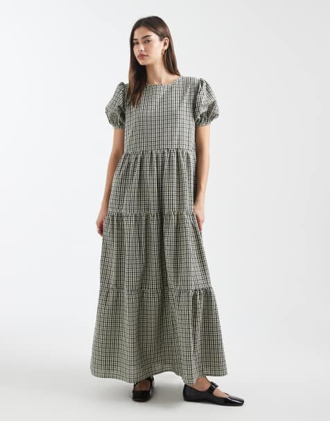 Daisy Street chuck on smock tiered dress with puff sleeves in navy check