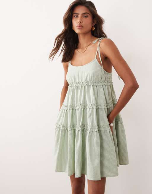 Daisy Street chuck on tiered ruffle smock mini dress in sage green stripe, 2 of 4