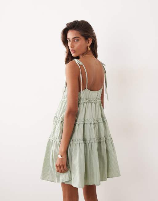 Daisy Street chuck on tiered ruffle smock mini dress in sage green stripe, 4 of 4