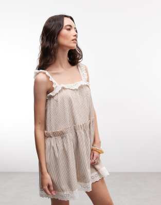 Daisy Street Chuck On Tiered Smock Mini Dress With Lace Edging In Neutral