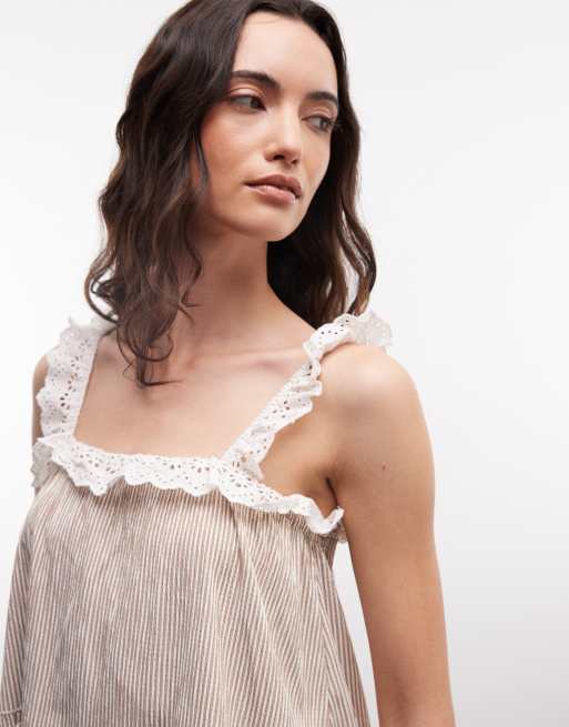 Daisy Street chuck on tiered smock mini dress with lace edging in brown stripe, 4 of 4