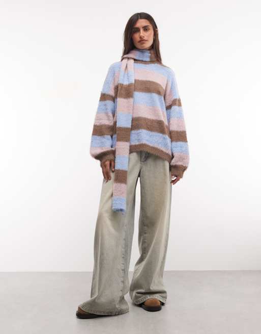 Daisy Street chunky jumper in stripe with matching scarf in pastel stripe, 2 of 4