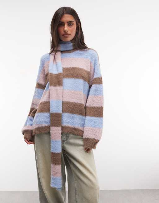 Daisy Street chunky jumper with matching scarf in pastel stripe, 4 of 4