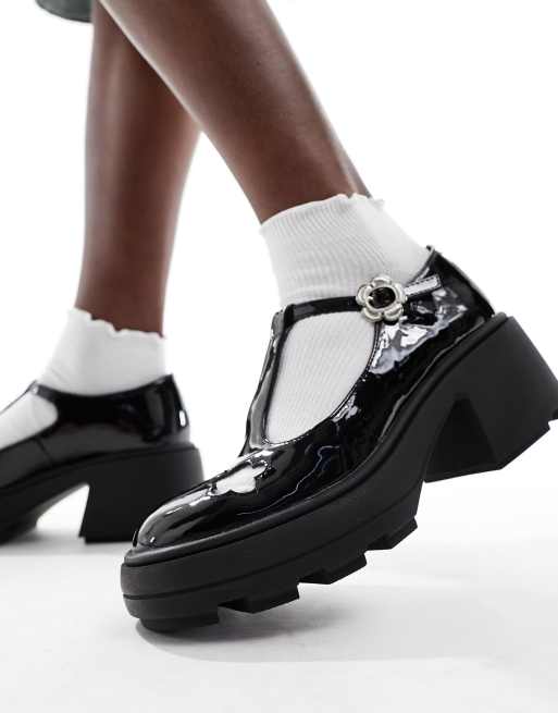 Daisy Street chunky mary janes with daisy cut out in black , 3 of 4