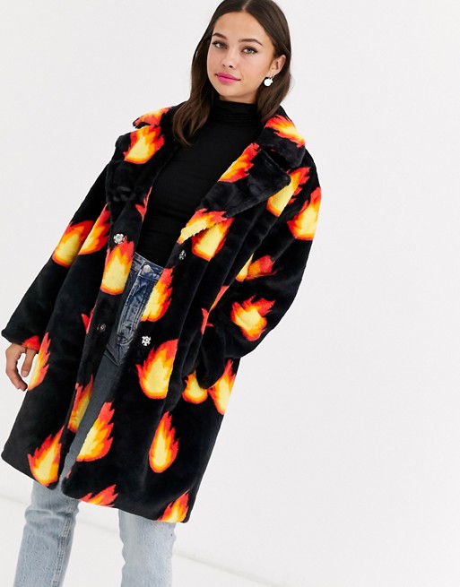 Daisy Street coat in flame print faux fur