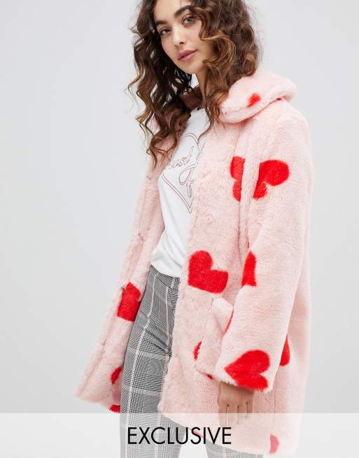 Daisy Street coat with all over hearts in faux fur | ASOS