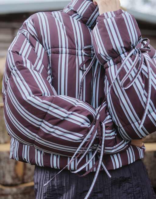 Daisy Street cocoa puffa coat in blue and brown stripe, 4 of 4