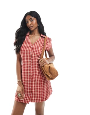 Daisy Street collar detail mini tea dress in textured red check - view 1