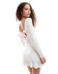 Daisy Street contrast pink ribbon tie back mini dress in ivory-White