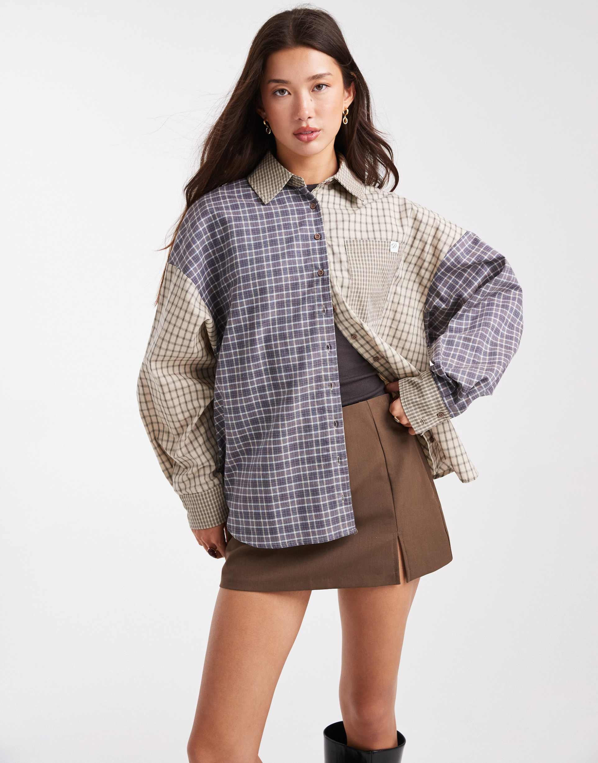 daisy street contrast plaid oversized dad shirt in blue and beige
