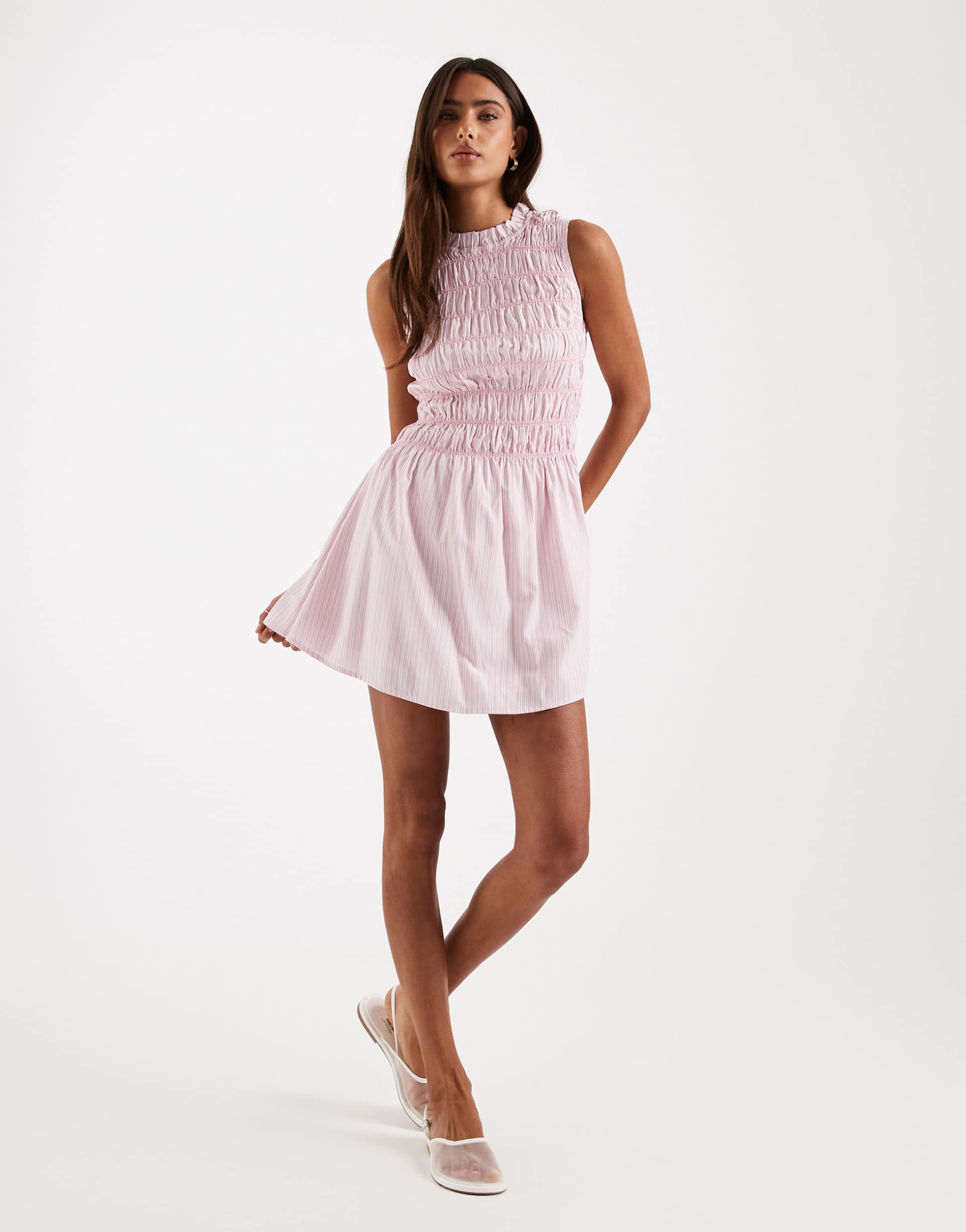 daisy street contrast stitch shirred mini dress in pink stripe
