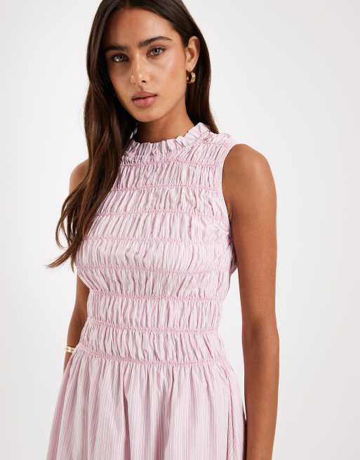 Daisy Street contrast stitch shirred mini dress in pink stripe, 4 of 4