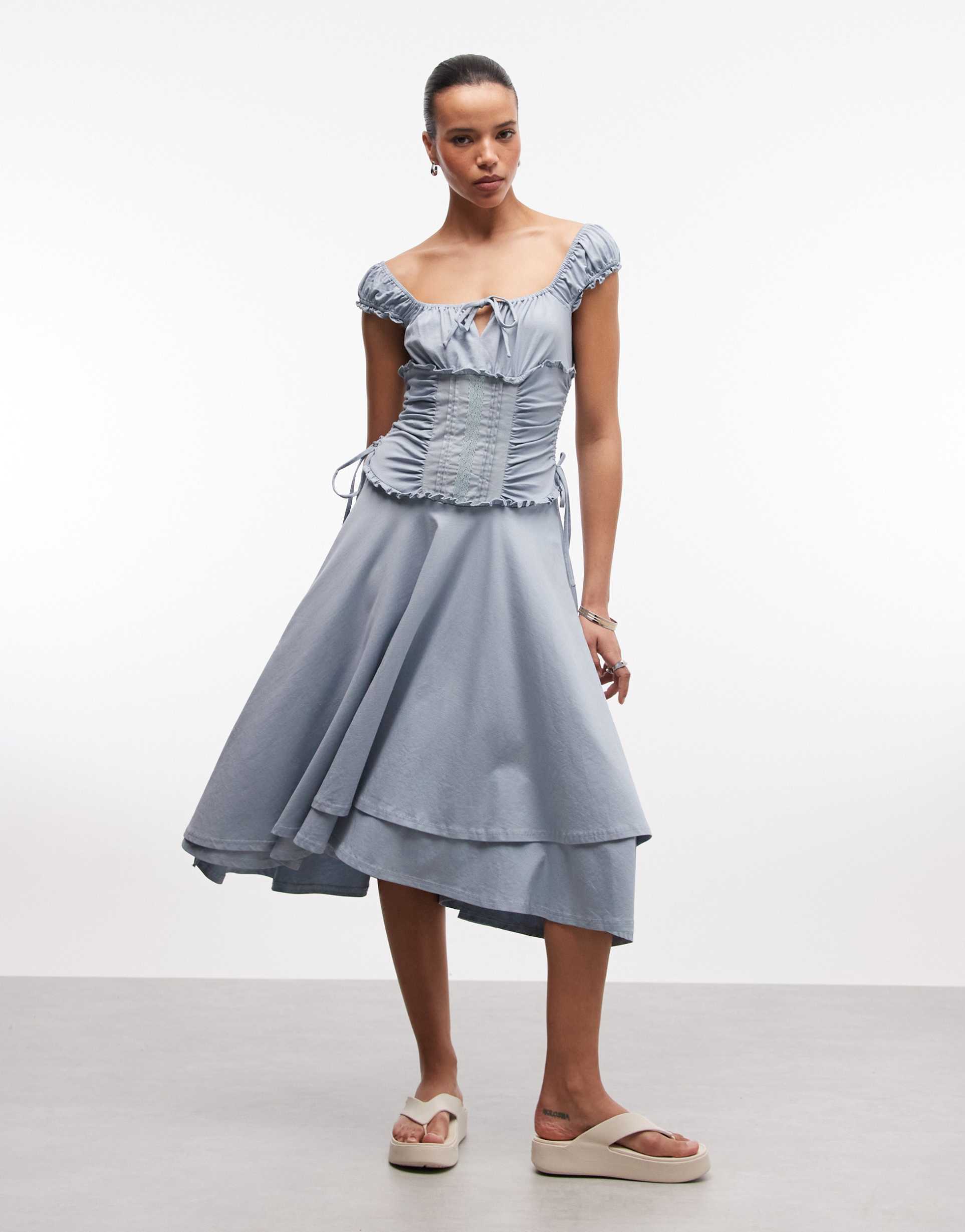 daisy street corset style bodice midaxi dress with double layered skirt in pale blue