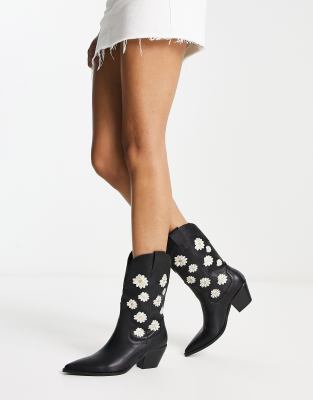 Daisy Street - Cowboystiefel in Schwarz mit Gänseblümchenmotiven-Black