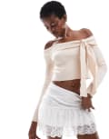 [Daisy Street] Daisy Street cream off the shoulder rib jumper with tie detail-White 8 BEIGE