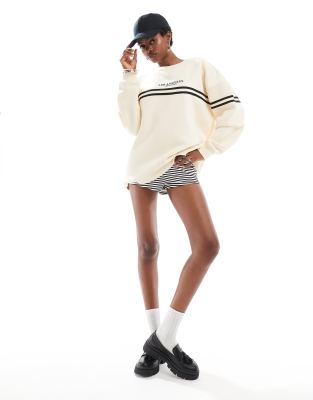 cream sweatshirt with contrast stripe and LA embroidery-White