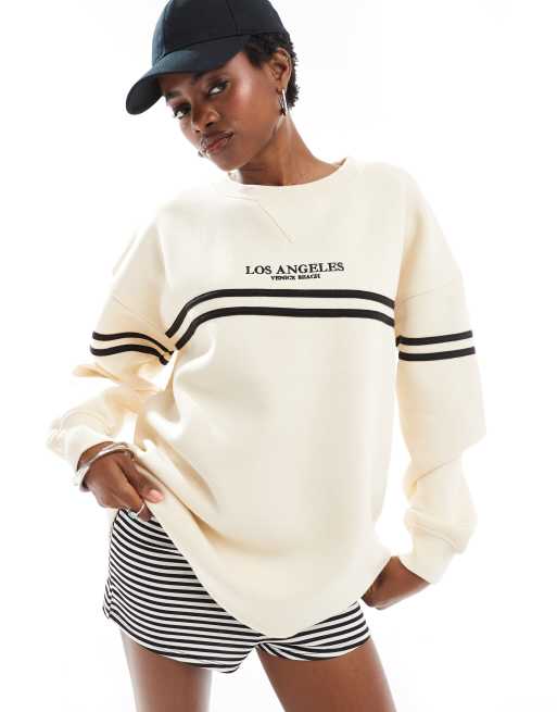 Daisy Street - Cremefarvet sweatshirt med kontraststriber og 'LA'-broderi, 4 af 4