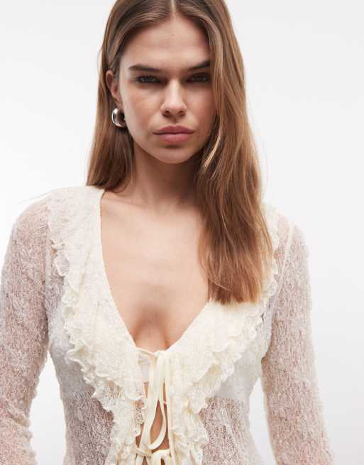 Daisy Street - Cremehvid boho-top med flæser og bindebånd foran, 3 af 4
