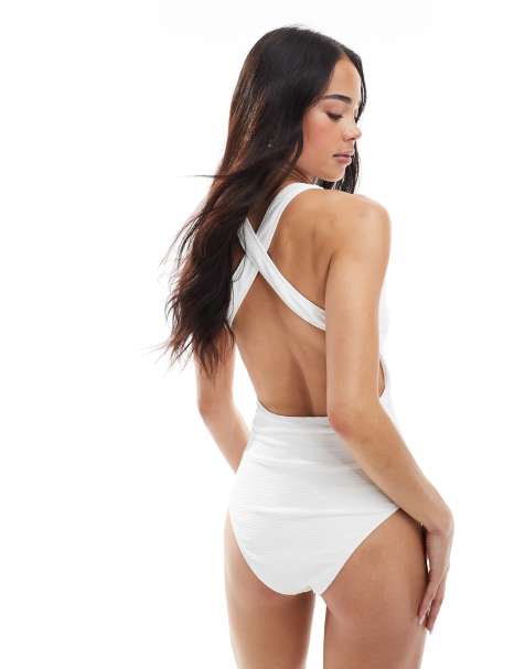 Daisy Street crinkle racer back one piece swimsuit in white - view 1