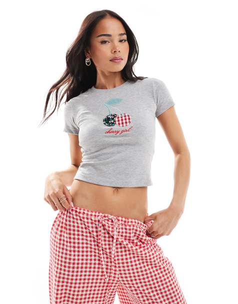 Daisy Street crop baby t-shirt with cherry graphic in grey - view 1