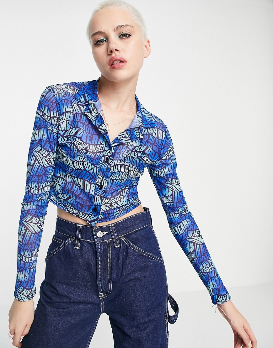 Daisy Street crop button up top in blue wavy text mesh