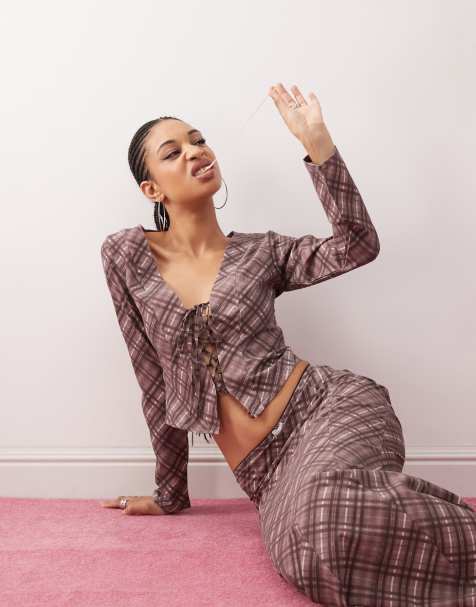 Daisy Street crop tie front top in burgundy check co-ord - view 1